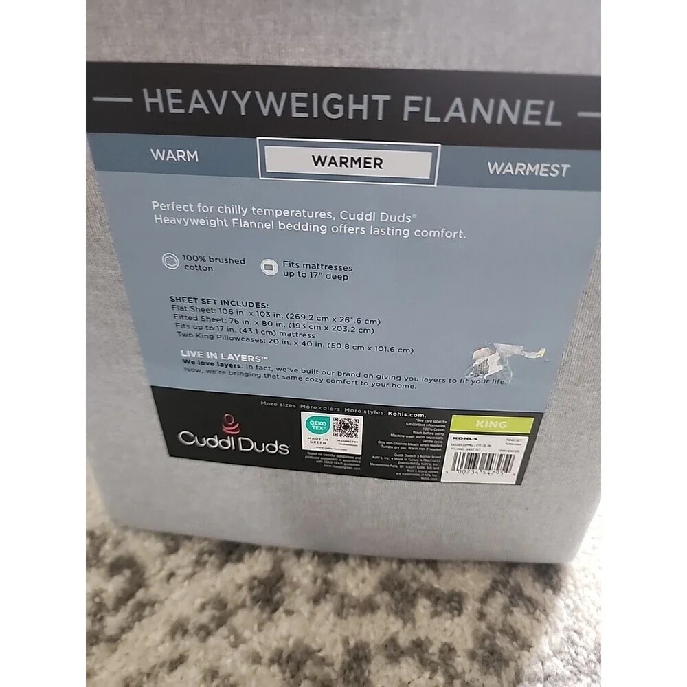 Cuddl Duds Heavyweight Flannel KING 100% Brushed Cotton Sheet Set Grey Heather